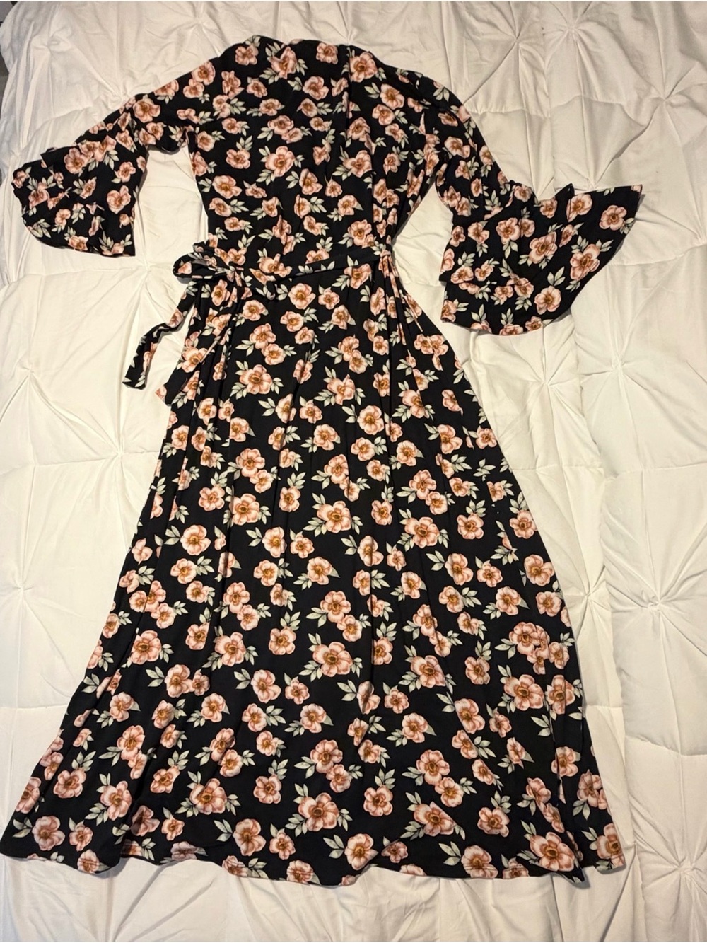 Black Floral Wrap Maxi Dress with Peach Flowers